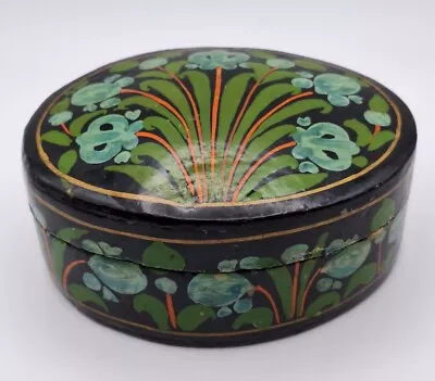Vintage Lacquered Paper Mache Oval Trinket Box With Floral Design  • $12