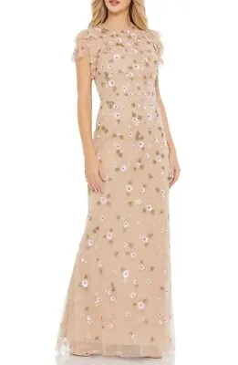 Mac Duggal Nude Multi Sequin Beaded Floral Tulle Gown Size:16 $538 NWT • $149.99