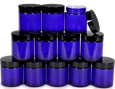 12 Cobalt Blue 4 Oz Round Glass Jars With Inner Liners And Black Lids • $32.32