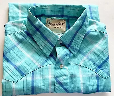 Wrangler Cowboy Western Shirt (L) Teal Plaid Short Sleeve/ Pearl Snap #WM224TQ • $18