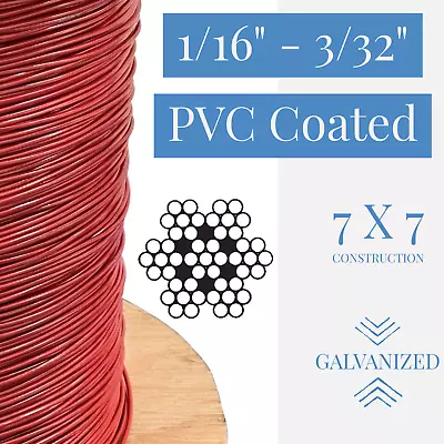 1/16  To 3/32  PVC Coated Red Color Galvanized Cable 7x7 Strand Aircraft Cable • $14.95