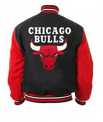 Chicago Bulls Jacket NBA Basketball Red Black Wool Bomber Leather Sleeves Jacket • $85.16