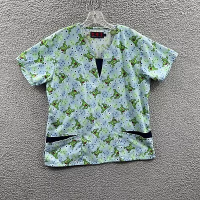 Beverly Hills Uniforms Womens Scrub Top Large Blue Green Frog Short Sleeve • $9.99