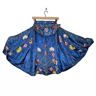 Vintage S Blue Silk Floral Embroidered Cape Cottage Whimsygoth Witchy Boho Tie  • $144