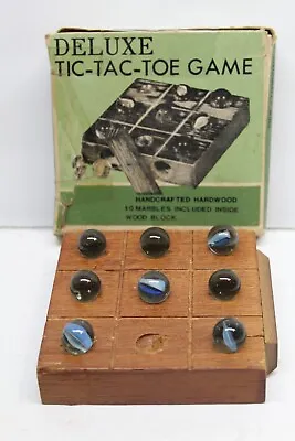 Vintage  Wooden 3.5  Deluxe TIC TAC TOE Pocket Game W Storable Marbles & Box • $8.99