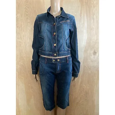 Ecko Red Women's Cropped Denim Jacket And Capri Pants Set 1990s/Y2K Sz 9/M • £38.57