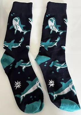 Mens Shark Fish Fishing Socks Gift For Him Crew Dress Socks Blue Ocen • $7.99