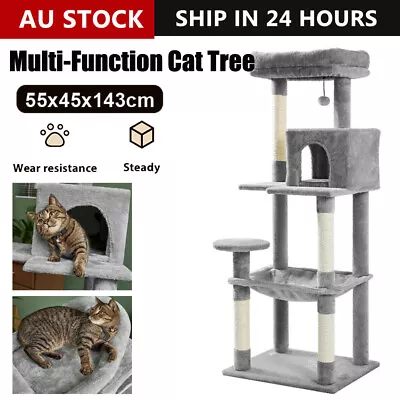 Grey Cat Tree Tower Scratching Post Scratcher Cats Condo House Bed 143cm • $65.50