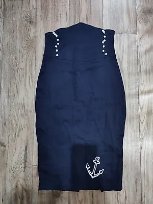 Collectif Navy Blue High Waist Buttons Nautical Anchor Sailor Pencil Skirt 8 XS • £22