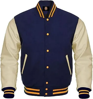 £99.99 • Buy Premium Letterman Baseball School College Varsity Jacket Navy Blue Wool & Cream 