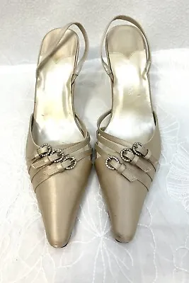 CAPARROS Champagne Satin Slingback Evening Shoes Heels Sz 9 W/ Crystal Buckles • £19.41