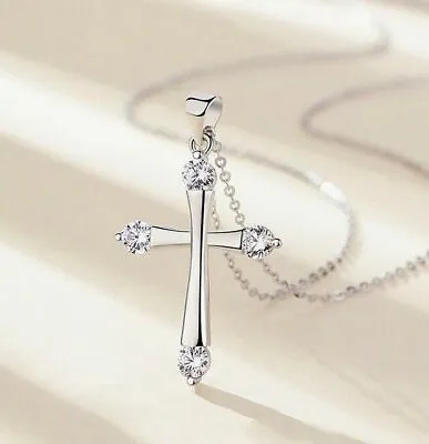£3.99 • Buy Crystal Cross Pendant Chain Necklace 925 Sterling Silver Jewellery Gift UK