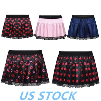 US Mens Sissy Satin Lace Trim Miniskirts Elastic Waist Skirts Lingerie Nightwear • $9.59