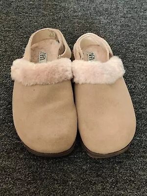 $13 • Buy Zara Women's Back Strapped Shearling Slip On Tan Suede Slippers Size 5.5 (36)