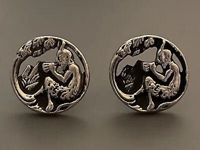 Vintage PAN Signed Cufflinks Silver Tone Satyr Playing Flute Mythological Heavy • $29.95