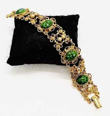 Ornate Filigree Mottled Green Glass & Faux Pearl Bracelet Vintage Jewelry • $59.99