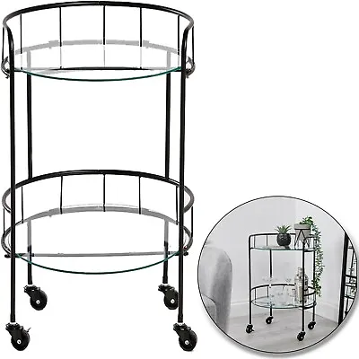 £39.99 • Buy 2 Tier Drinks Trolley Black Round Glass Shelves Wheels Base Indoor Outdoor Decor