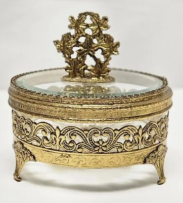 Vintage 24K Gold Plated Beveled Glass Top Jewelry Trinket Box  Filigree Vanity • $34.75