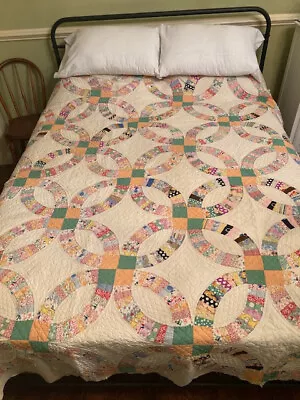 Double Wedding Ring Quilt: Needs Binding~ Hand Pieced Hand Quilted Feedsacks • $72