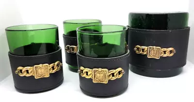 VTG Italy Green Glass LEATHER Bound COAT OF ARMS 1 Bookend 3 ROCKS GLASSES MCM • $59