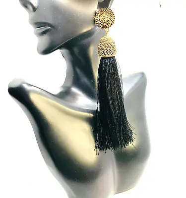Vintage Massive 1990s Drama Evening Runway Goldtone Black Tassel Earrings 6  • £14.47