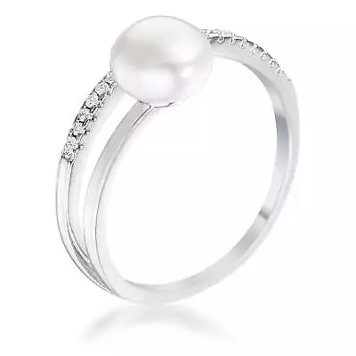 .15Ct Rhodium Plated Freshwater Pearl Ring With CZ Micro Pave Band Size 5-10 • $15.62