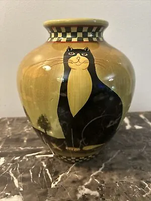 Vintage Cat Vase Green Black Checked Peruvian Style 9” Tall 8” In Diameter • $25