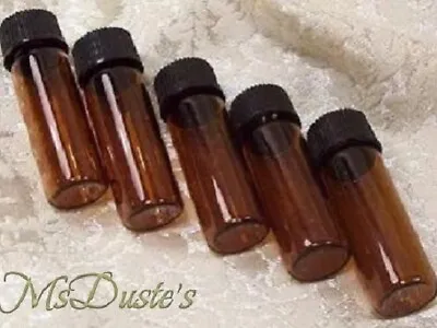 Lot Of Five ~ Amber 1 Dram Glass Vials W/Black Caps 1 1/4      1/8th Oz. • $5.33