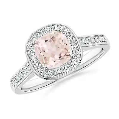 Classic Cushion Morganite Ring With Diamond Halo In 14K White Gold Size 6 • $975.92