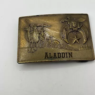 Vtg ALADDIN Klitzner Shriners On Camels Caravan Masonic Brass Belt Buckle USA • $7.99