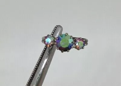 Signed Vintage STERLING SILVER Aurora Borealis Adjustable 3-Stone Crystal RING • $25