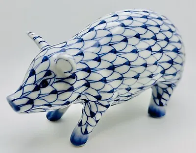 $24.99 • Buy Andrea By Sadek Porcelain Pig Hand Painted Blue White Fishnet 6  Long
