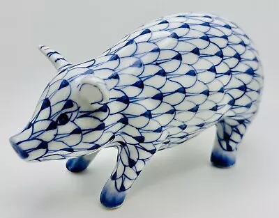 $24.99 • Buy Andrea By Sadek Porcelain Pig Hand Painted Blue White Fishnet 6  Long