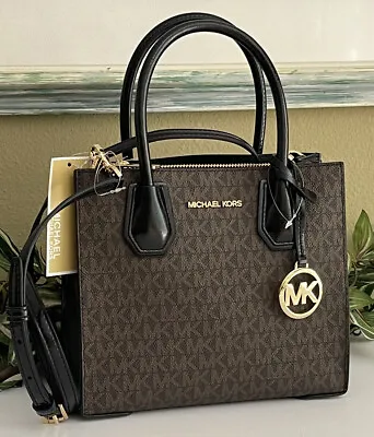 Michael Kors Mercer Medium Messenger Crossbody Bag Mk Black Brown Signature • $99.99
