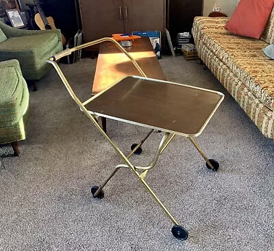 Vintage Rolling Serving Bar Tea Cart Folds Up Into A TV Tray Storage Trolley MCM • $150