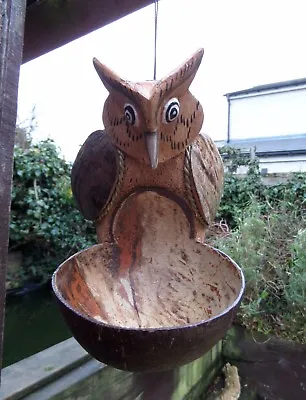 Fair Trade Hand Made Wooden Coconut Owl Bird Hanging Bird Seed Feeder Station • £999.99