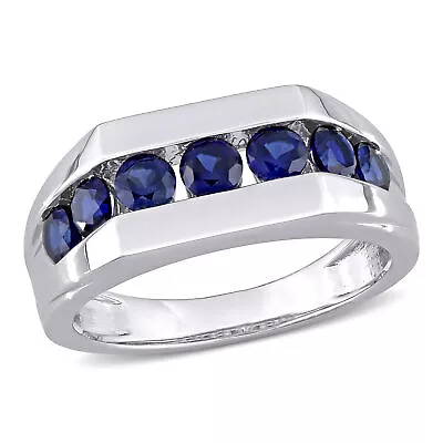 Amour Sterling Silver 1 1/4 CT TGW Created Blue Sapphire Channel Set Men's Ring • $64