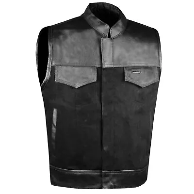 SOA Men's Club Vest Leather And Denim Motorcycle Gun Pockets Armor Biker • $44.99