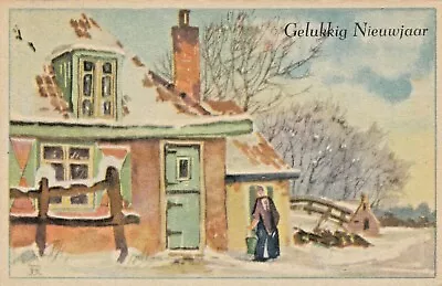 Vintage New Year  Postcard  WATER COLOR SCENE   MAN  HOME  POSTED  1949 • $3