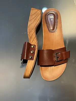 $26.30 • Buy BRAND NEW ZARA Flat Leather Sandals Wooden Sole Women’s 7.5 EU 38