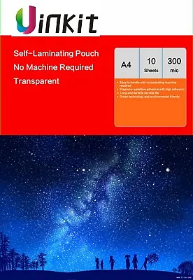 A4 Cold Laminating Pouch  Self Sticky Clear Film Thick 300 Mic -10 Sheets Uinkit • £13.99