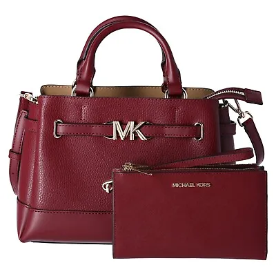 Michael Kors Reed Small Center Zip Logo Belted Satchel Dark Cherry + Wristlet • $155