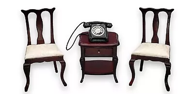 Vintage Wooden Doll House Furniture Two Chairs End Table & Telephone Scale 1:12 • $49.99