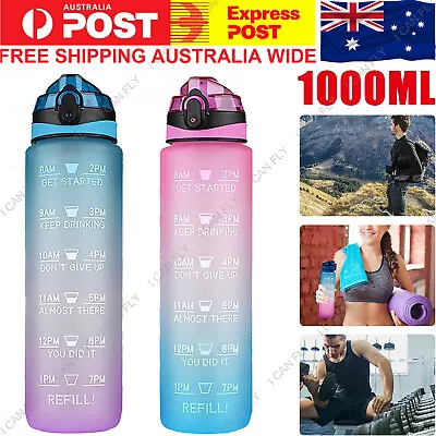 $4.85 • Buy 1L Water Bottle Motivational Drink Flask Time Markings BPA Free Sport Gym DF