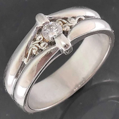 $285 • Buy English Chunky Fancy Scrolls Solid 9k WHITE GOLD DIAMOND SOLITAIRE RING Sz J 1/2