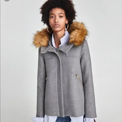 Zara Outerwear Sz L Gray A-Line Hooded Coat With Detachable Faux Fur Trim • $39.50
