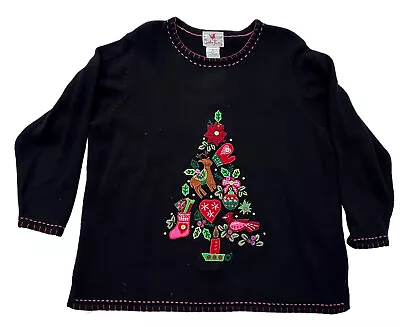 Quaker Factory Pink Red Blk Christmas Tree Bird Deer Heart Sweater Vintage 2X • $59.95