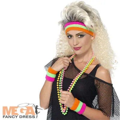 80s Neon Sweatbands Adults Fancy Dress 1980s Dance Sports Kids Costume Accessory • £7.49