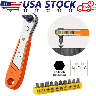 Ratcheting Right Angle Screwdriver Hex Drive 90 Degree Offset + 10pc Bits Tools • $6.99