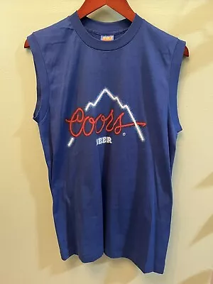 Vintage 1980s Coors Beer Shirt Neon Sign Logo Blue Sleeveless Sun Tag Large • $20